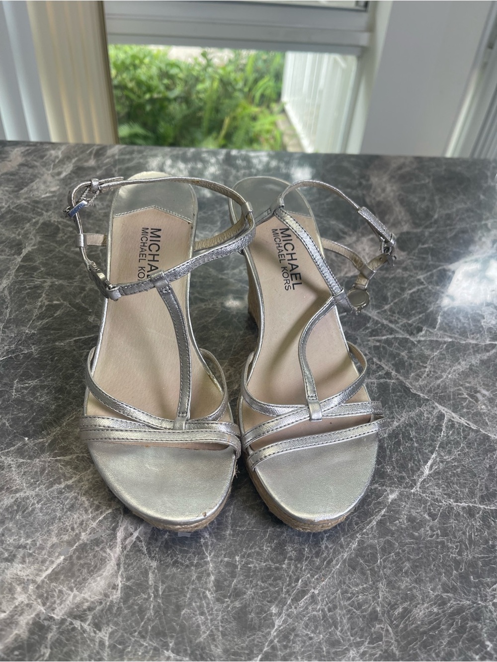 Michael Kors Metallic Silver T-Strap Wedge Sandals